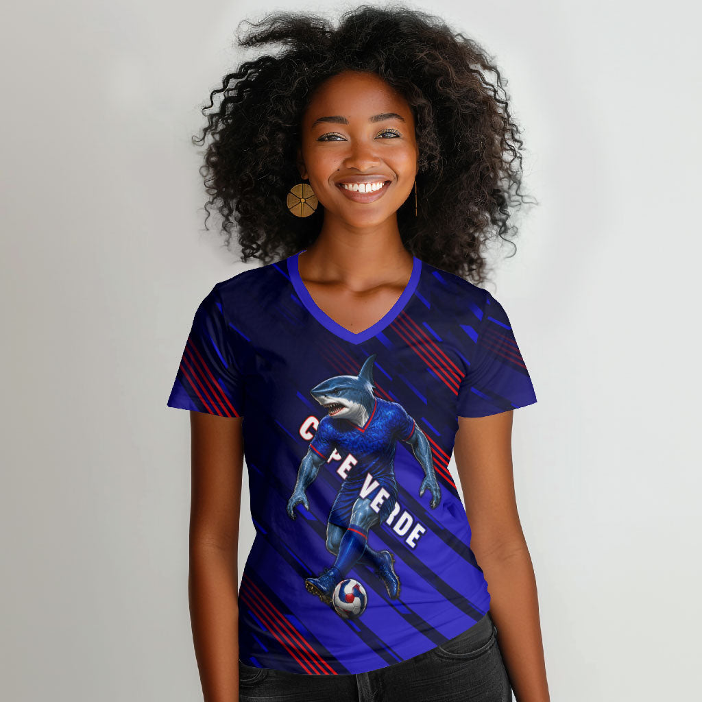 Personalized Cape Verde Soccer Women V-Neck T-Shirt Shark Mascot Football Player Striped Pattern