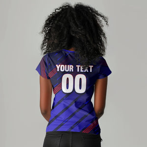 Personalized Cape Verde Soccer Women V-Neck T-Shirt Shark Mascot Football Player Striped Pattern