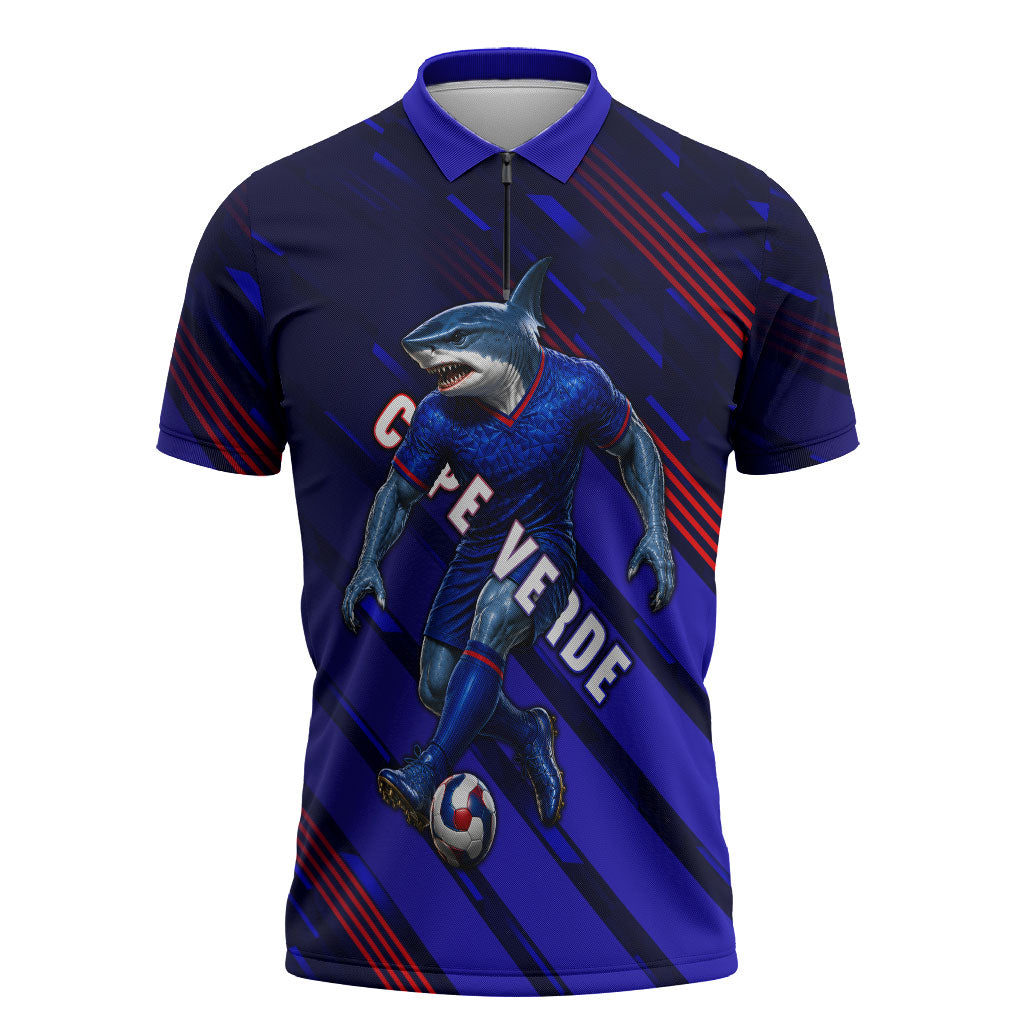 Personalized Cape Verde Soccer Zipper Polo Shirt Shark Mascot Football Player Striped Pattern