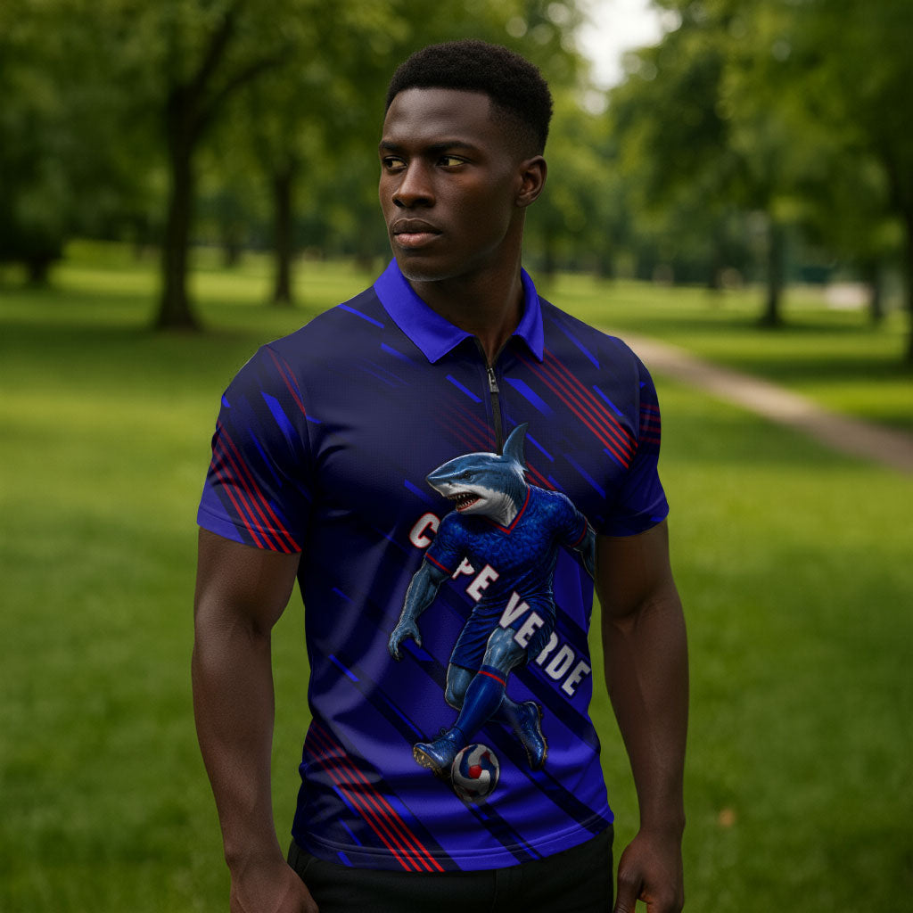 Personalized Cape Verde Soccer Zipper Polo Shirt Shark Mascot Football Player Striped Pattern