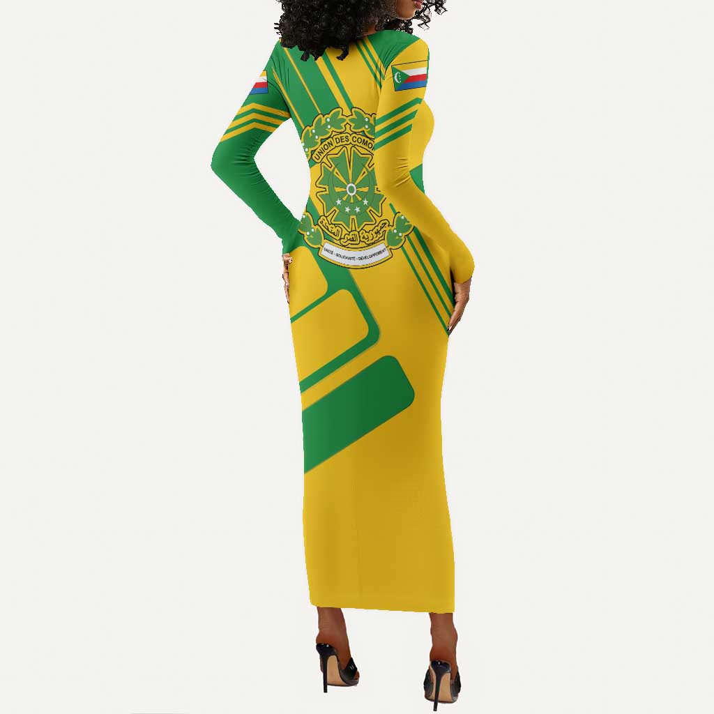 Comoros Flag Long Sleeve Bodycon Dress - Green and Yellow Design and National Emblem TS04