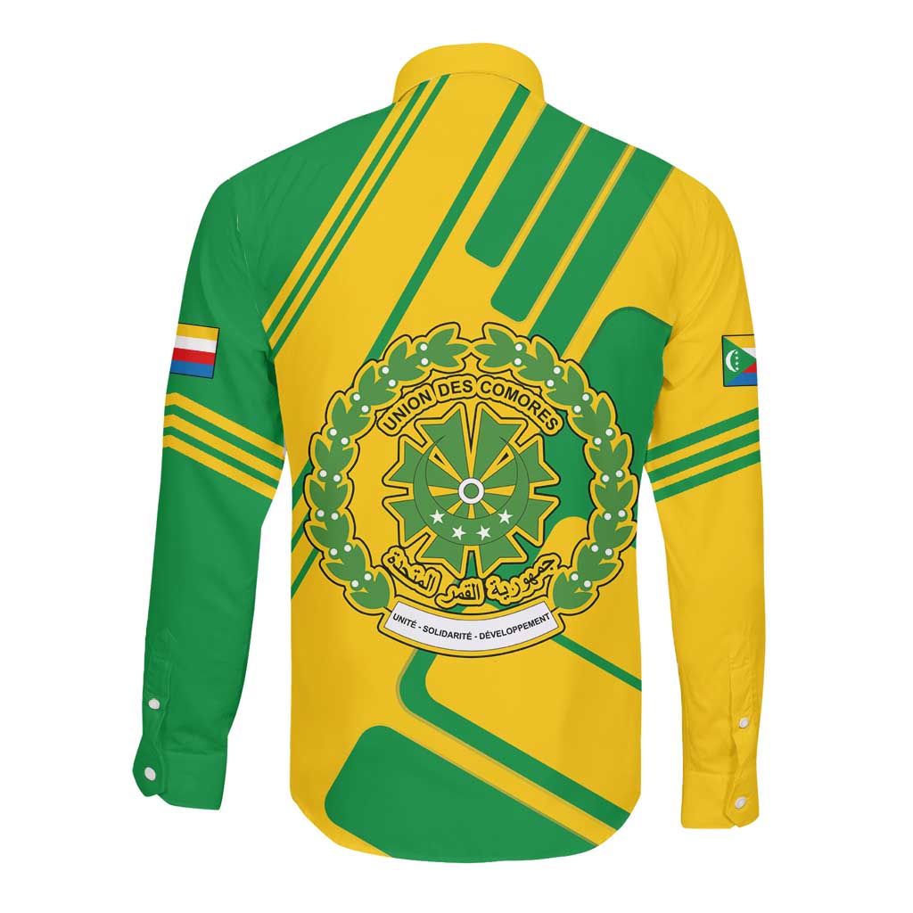 Comoros Flag Long Sleeve Button Shirt - Green and Yellow Design and National Emblem