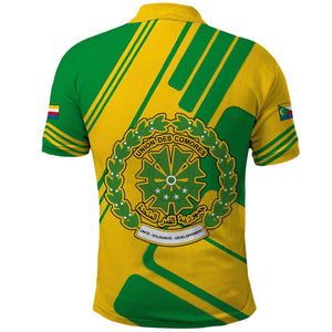 Comoros Flag Polo Shirt - Green and Yellow Design and National Emblem