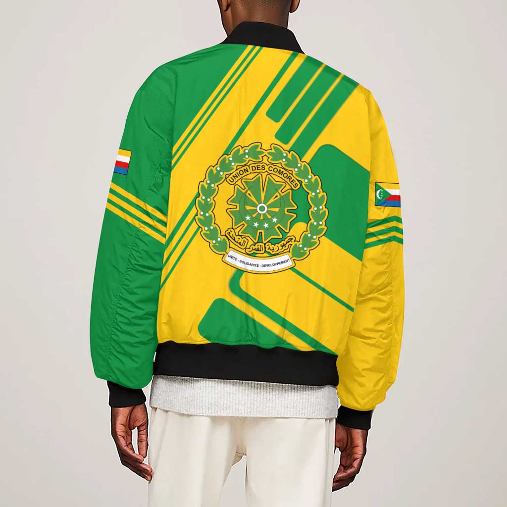 Comoros Flag Sleeve Zip Bomber Jacket - Green and Yellow Design and National Emblem