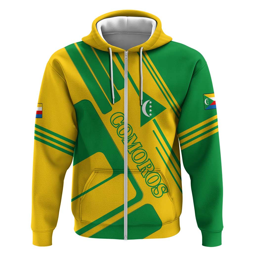 Comoros Flag Zip Hoodie - Green and Yellow Design and National Emblem