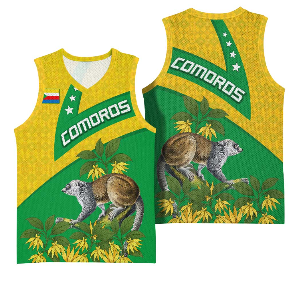 Comoros Basketball Jersey - National Flag Lemur Design and Ylang Ylang Flower Pattern TS04