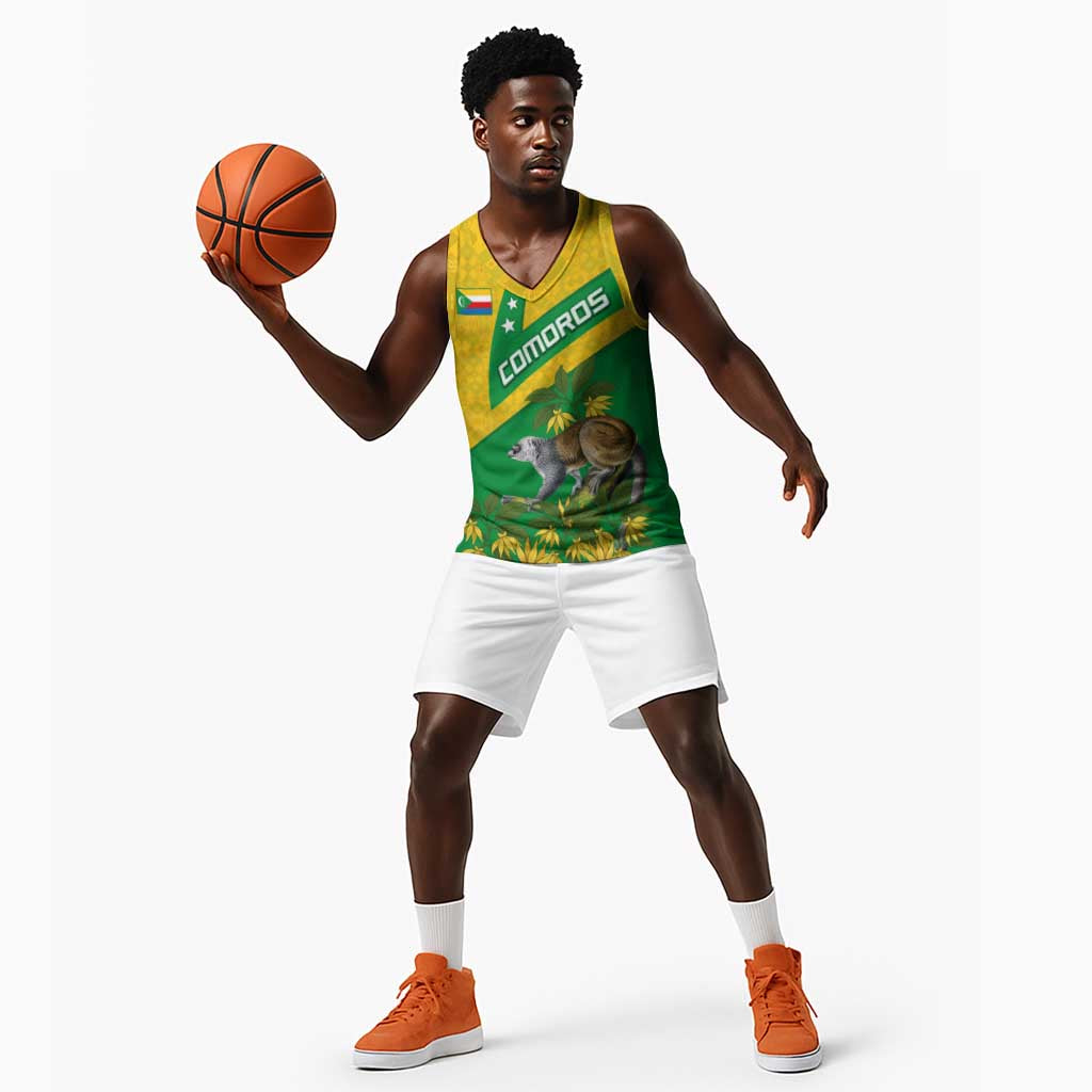 Comoros Basketball Jersey - National Flag Lemur Design and Ylang Ylang Flower Pattern TS04