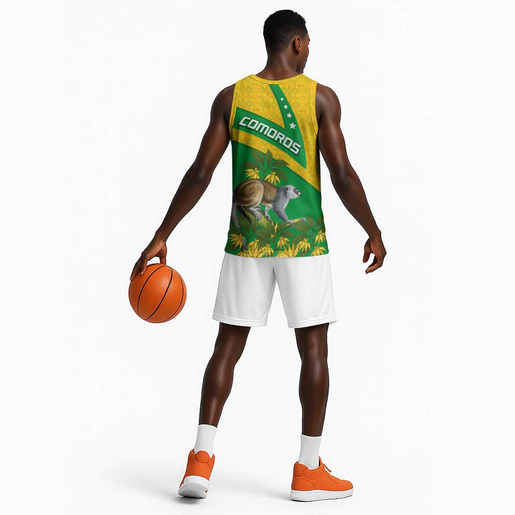 Comoros Basketball Jersey - National Flag Lemur Design and Ylang Ylang Flower Pattern TS04