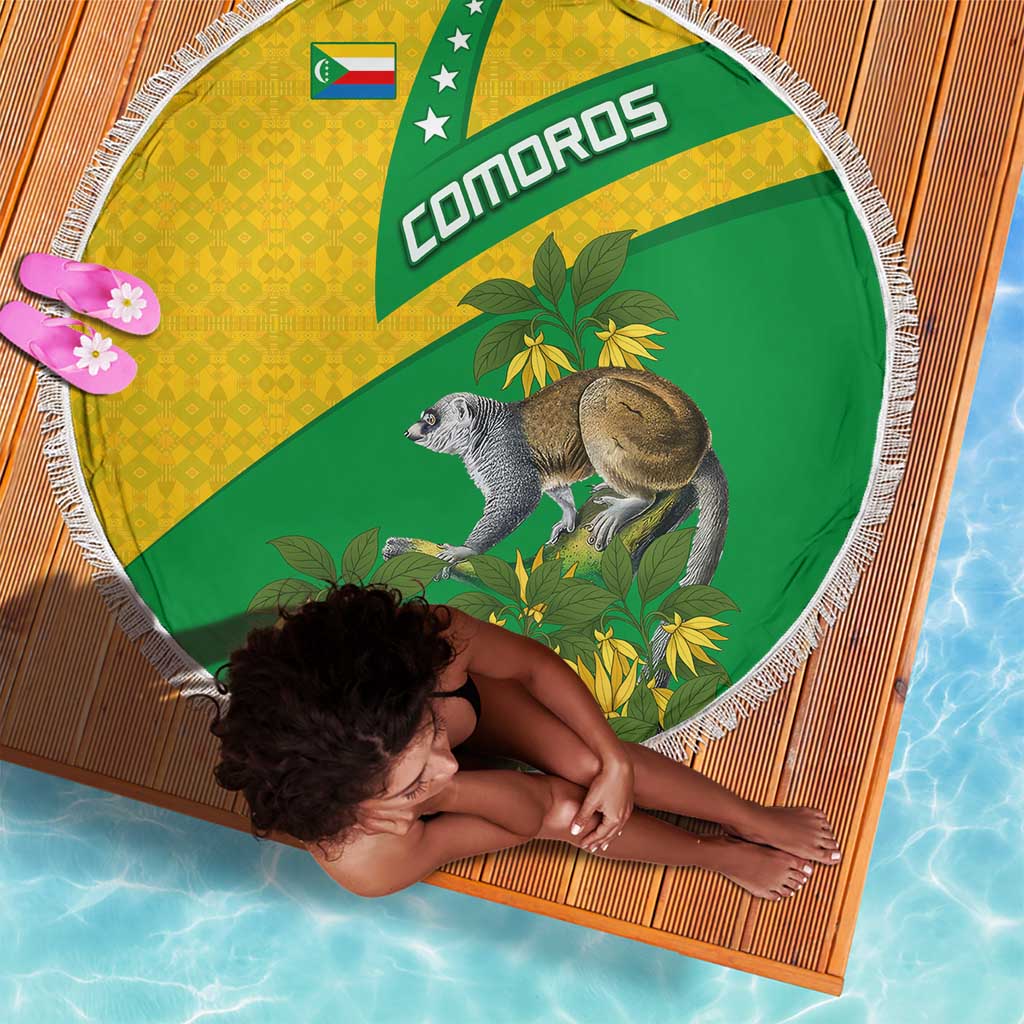 Comoros Beach Blanket - National Flag Lemur Design and Ylang Ylang Flower Pattern