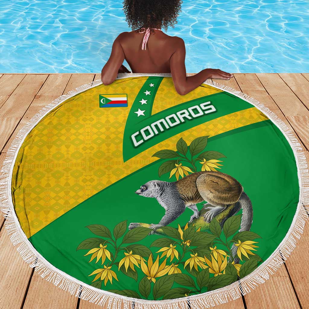 Comoros Beach Blanket - National Flag Lemur Design and Ylang Ylang Flower Pattern