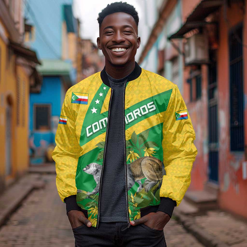 Comoros Bomber Jacket - National Flag Lemur Design and Ylang Ylang Flower Pattern