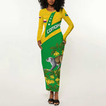 Comoros Long Sleeve Bodycon Dress - National Flag Lemur Design and Ylang Ylang Flower Pattern TS04
