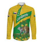 Comoros Long Sleeve Button Shirt - National Flag Lemur Design and Ylang Ylang Flower Pattern