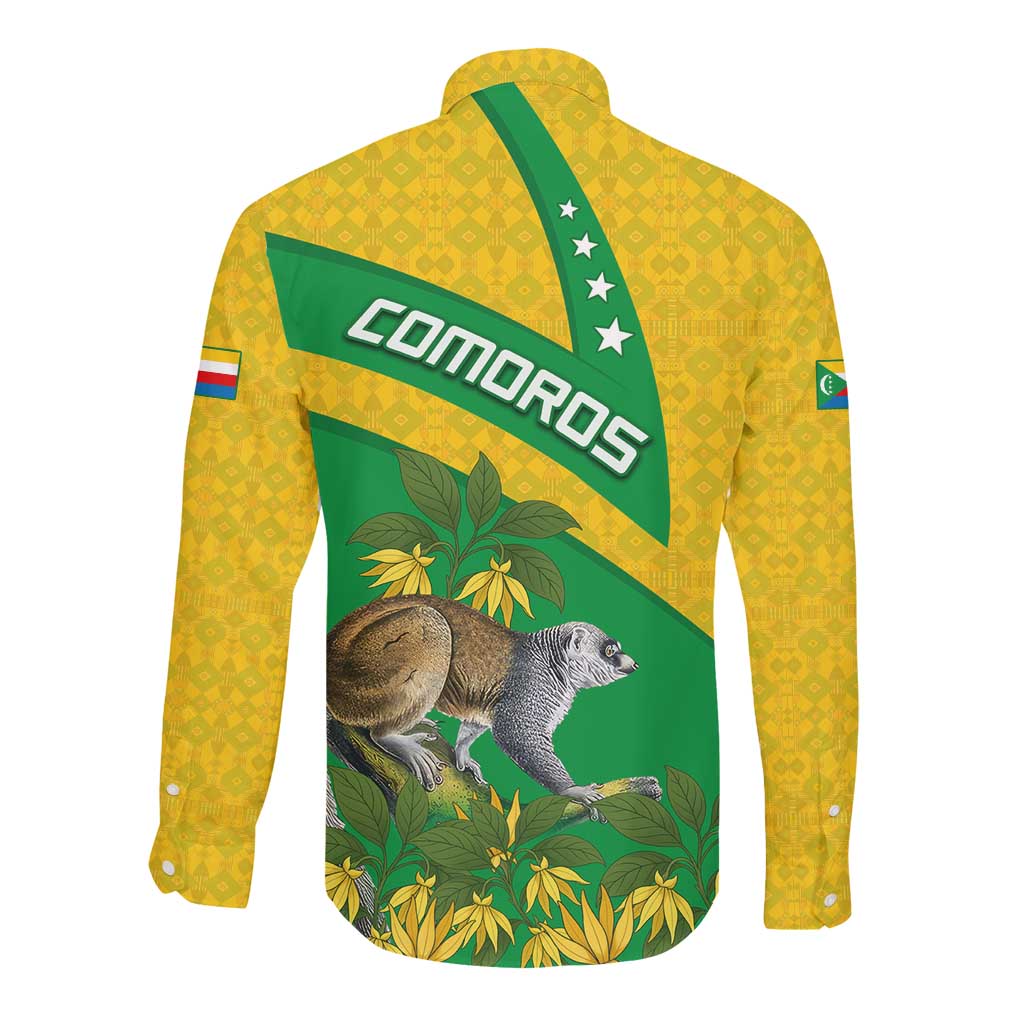 Comoros Long Sleeve Button Shirt - National Flag Lemur Design and Ylang Ylang Flower Pattern