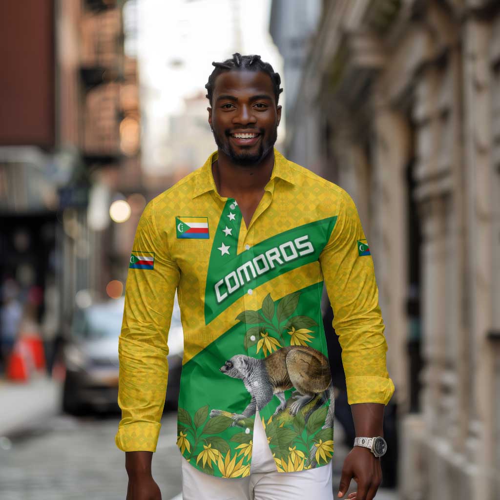 Comoros Long Sleeve Button Shirt - National Flag Lemur Design and Ylang Ylang Flower Pattern