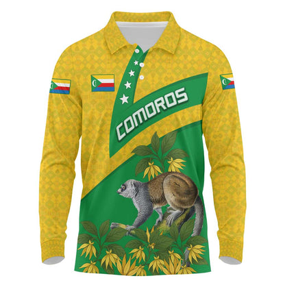 Comoros Long Sleeve Polo Shirt - National Flag Lemur Design and Ylang Ylang Flower Pattern