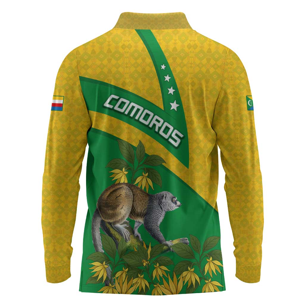 Comoros Long Sleeve Polo Shirt - National Flag Lemur Design and Ylang Ylang Flower Pattern