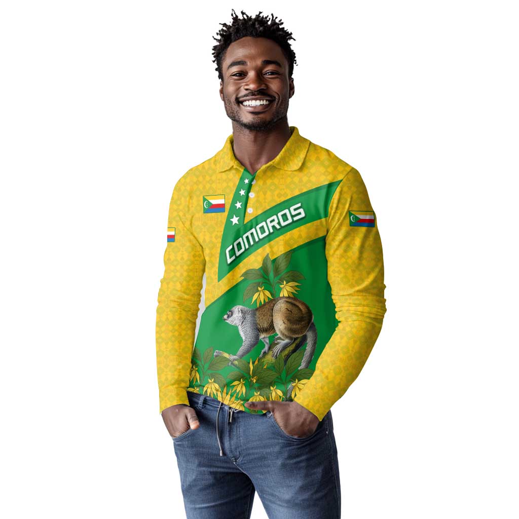 Comoros Long Sleeve Polo Shirt - National Flag Lemur Design and Ylang Ylang Flower Pattern