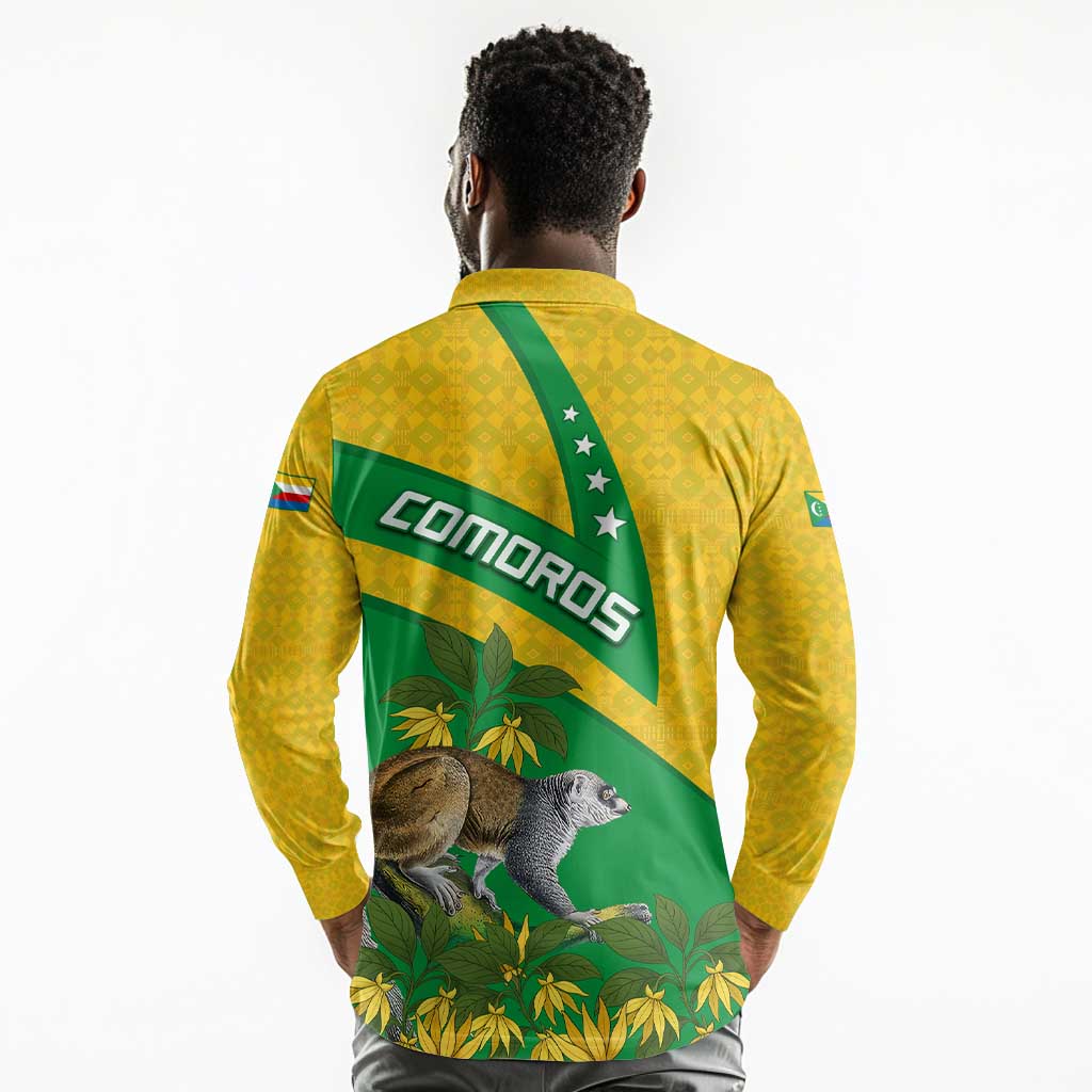 Comoros Long Sleeve Polo Shirt - National Flag Lemur Design and Ylang Ylang Flower Pattern