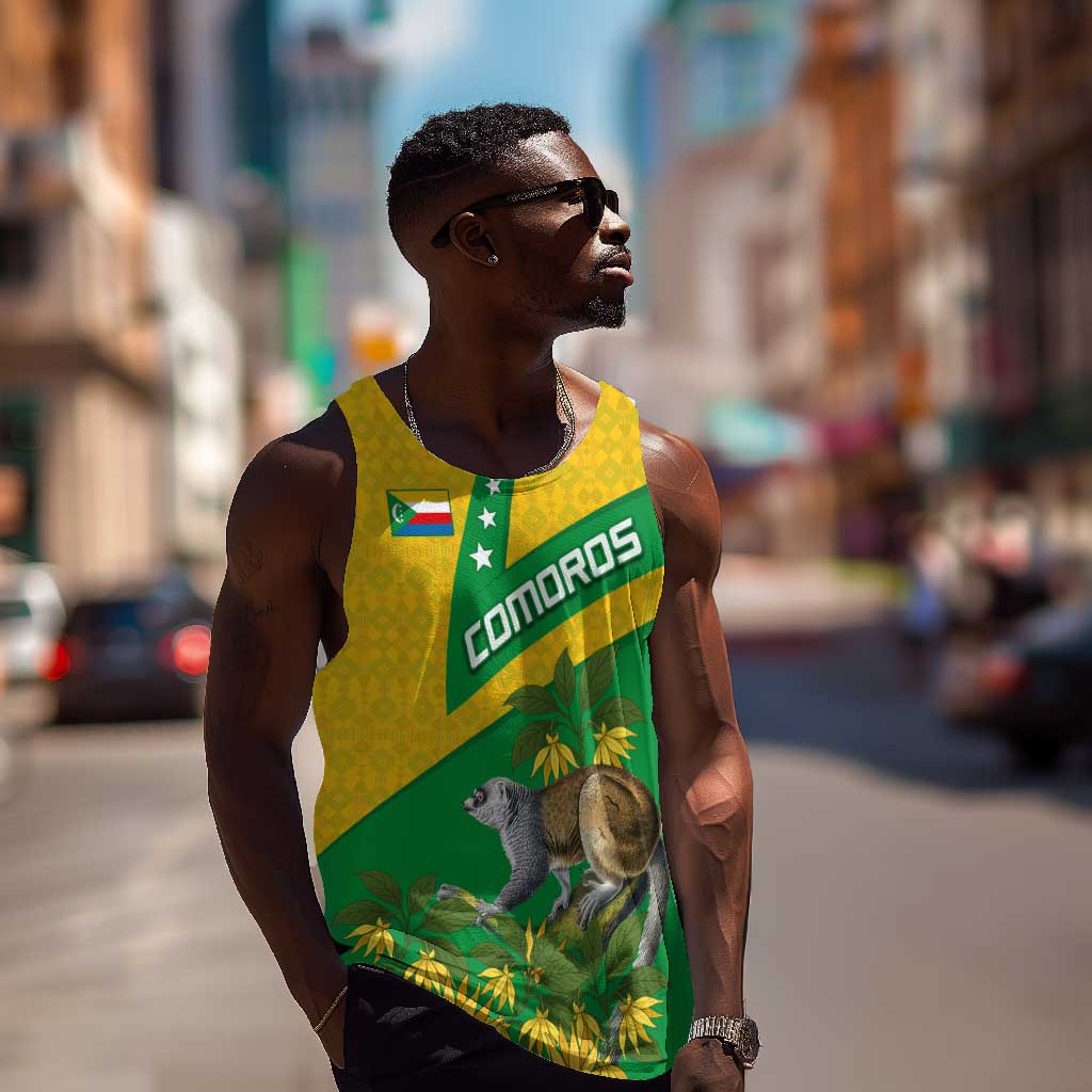 Comoros Men Tank Top - National Flag Lemur Design and Ylang Ylang Flower Pattern