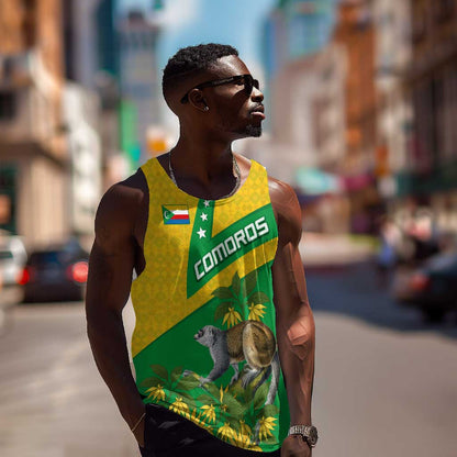 Comoros Men Tank Top - National Flag Lemur Design and Ylang Ylang Flower Pattern