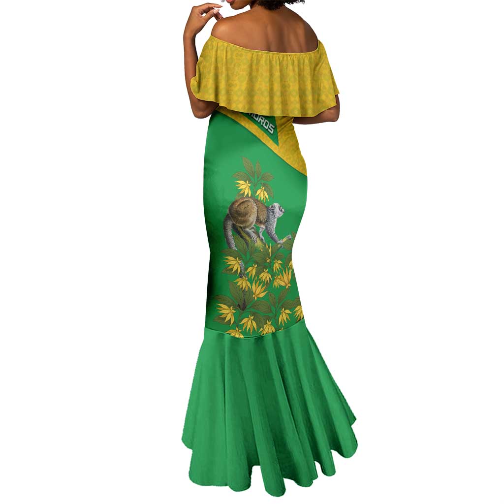 Comoros Mermaid Dress - National Flag Lemur Design and Ylang Ylang Flower Pattern