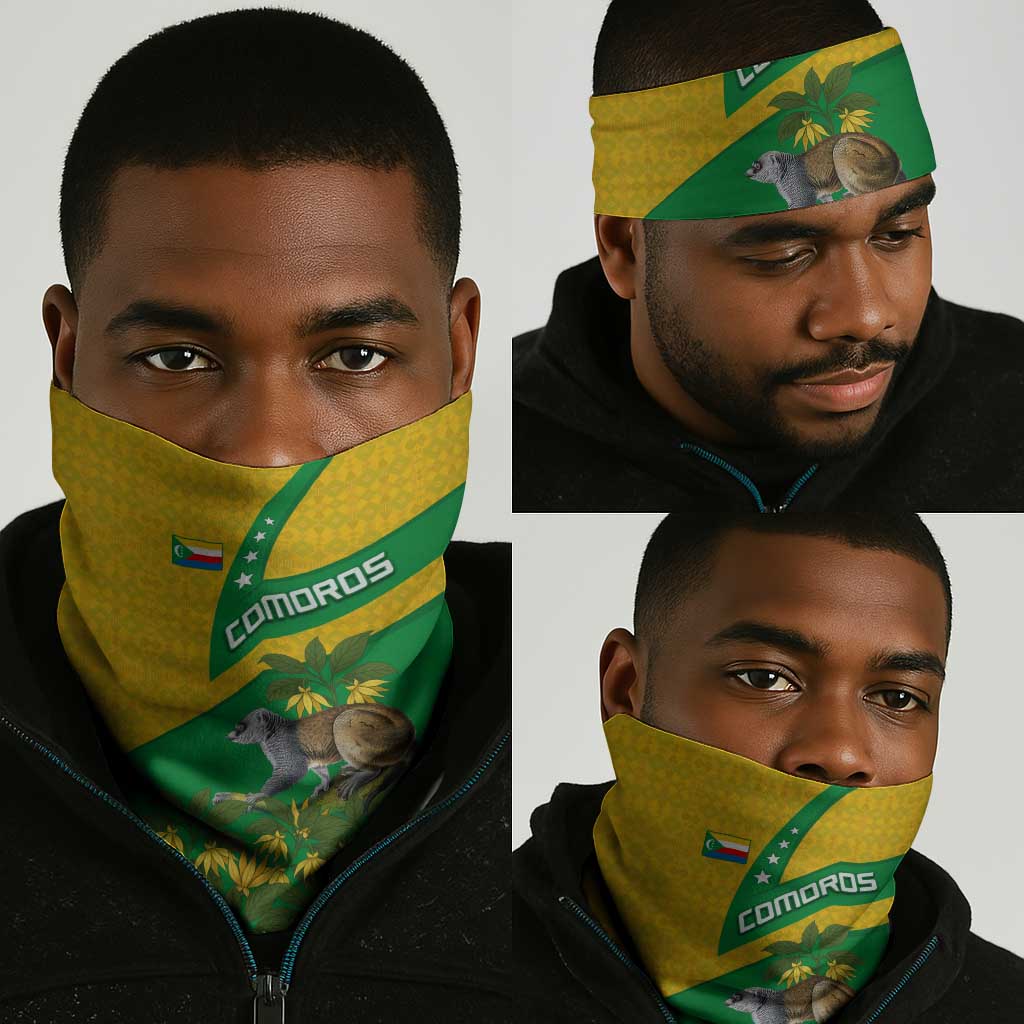 Comoros Neck Gaiter - National Flag Lemur Design and Ylang Ylang Flower Pattern TS04