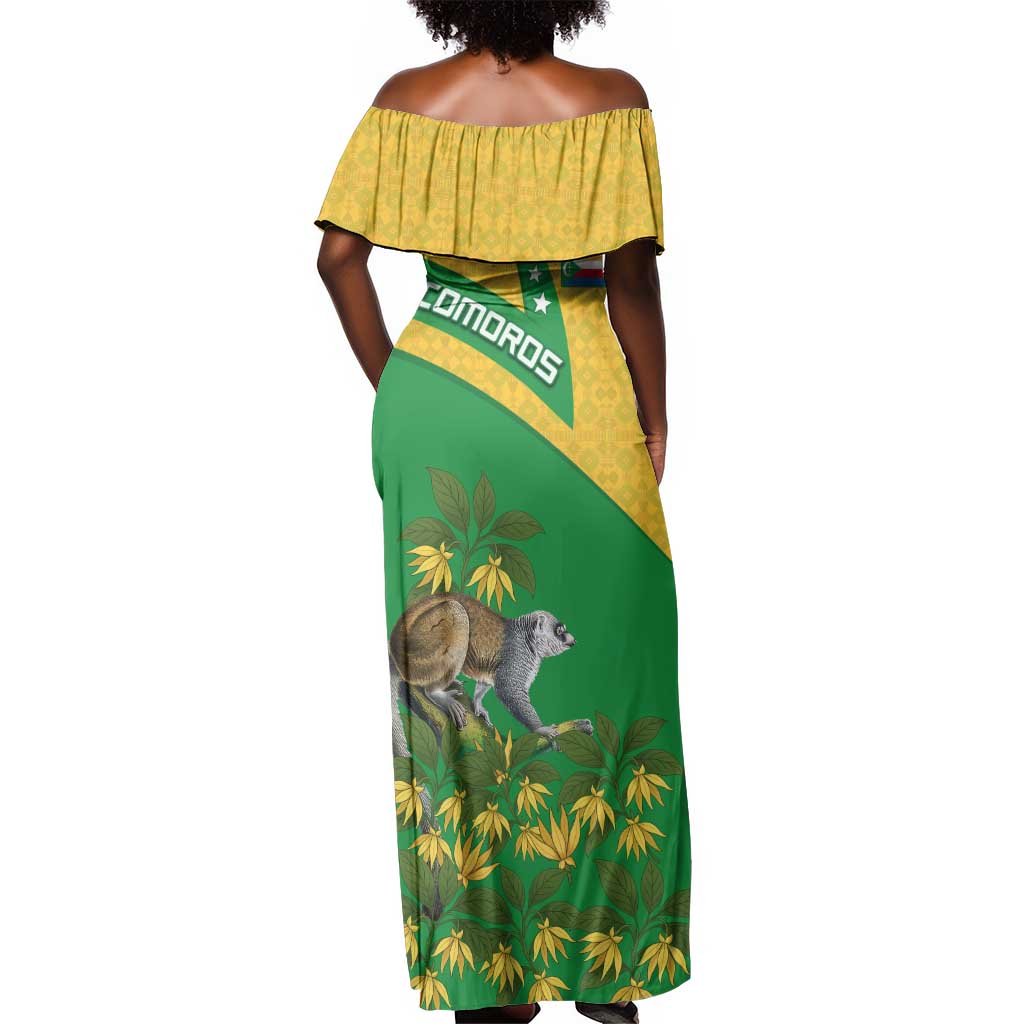 Comoros Off Shoulder Maxi Dress - National Flag Lemur Design and Ylang Ylang Flower Pattern