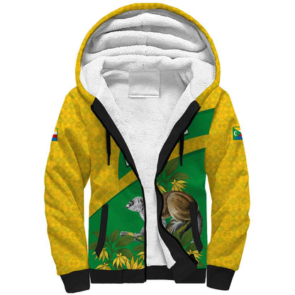 Comoros Sherpa Hoodie - National Flag Lemur Design and Ylang Ylang Flower Pattern