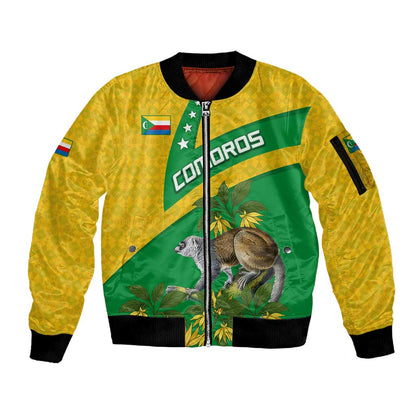 Comoros Sleeve Zip Bomber Jacket - National Flag Lemur Design and Ylang Ylang Flower Pattern