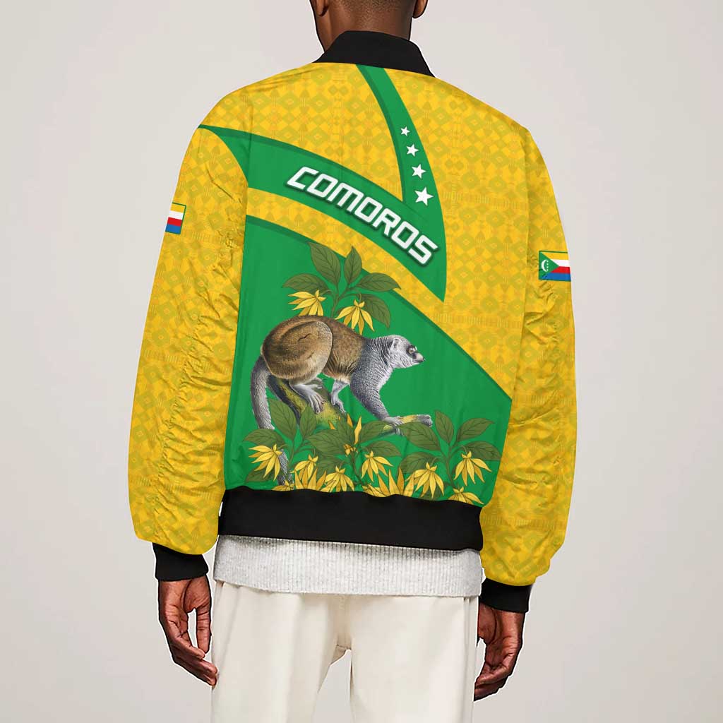 Comoros Sleeve Zip Bomber Jacket - National Flag Lemur Design and Ylang Ylang Flower Pattern