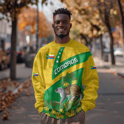 Comoros Sweatshirt - National Flag Lemur Design and Ylang Ylang Flower Pattern
