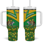 Comoros Tumbler With Handle - National Flag Lemur Design and Ylang Ylang Flower Pattern
