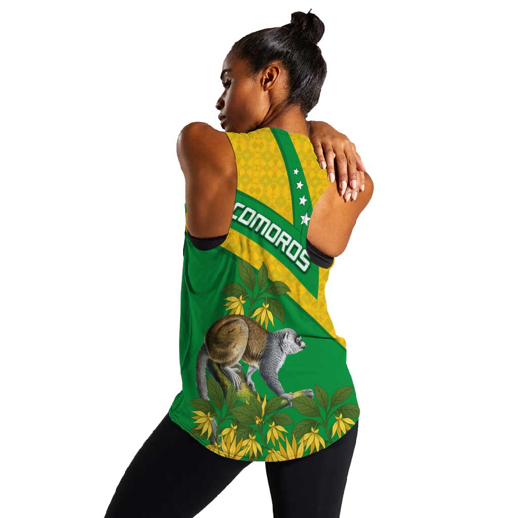 Comoros Women Racerback Tank - National Flag Lemur Design and Ylang Ylang Flower Pattern