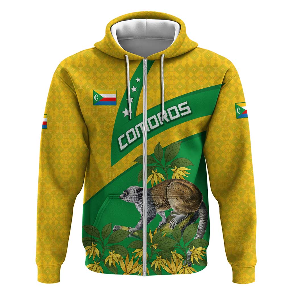Comoros Zip Hoodie - National Flag Lemur Design and Ylang Ylang Flower Pattern