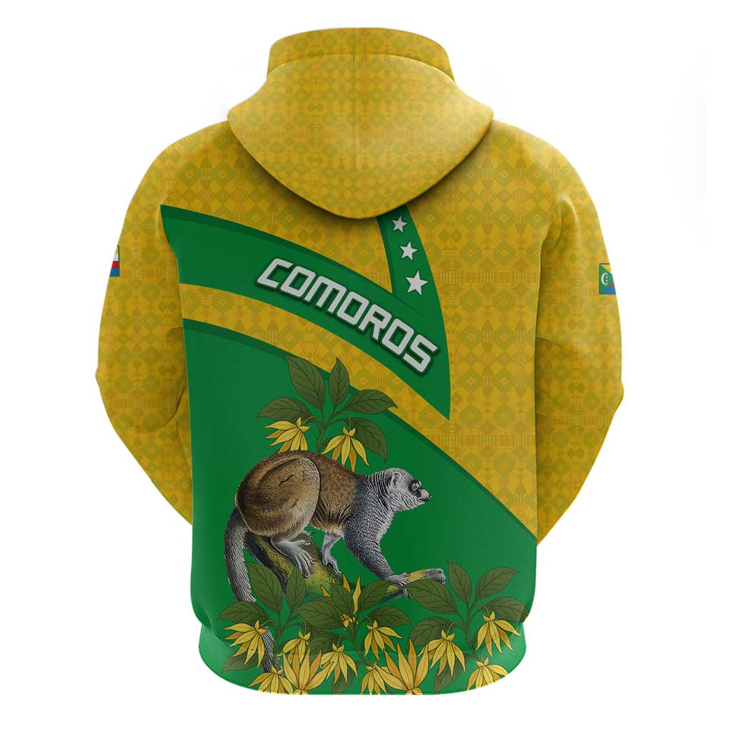 Comoros Zip Hoodie - National Flag Lemur Design and Ylang Ylang Flower Pattern