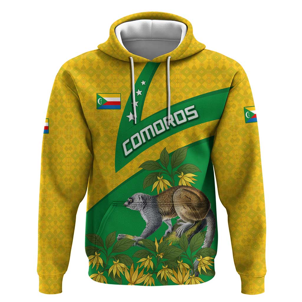 Comoros Zip Hoodie - National Flag Lemur Design and Ylang Ylang Flower Pattern