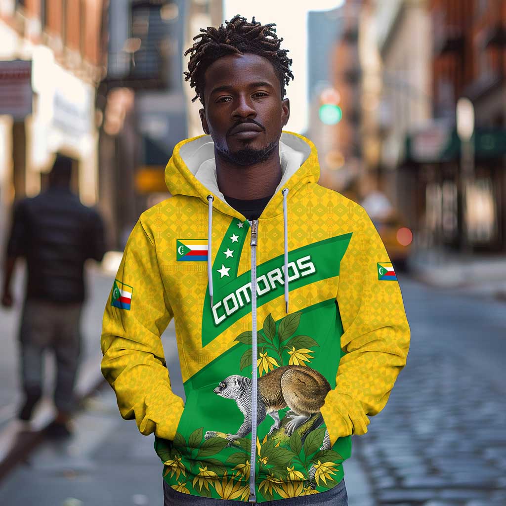 Comoros Zip Hoodie - National Flag Lemur Design and Ylang Ylang Flower Pattern