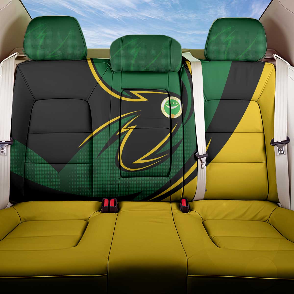 Comoros Back Car Seat Cover - Green Black Yellow Swirl Design and National Emblem Pattern