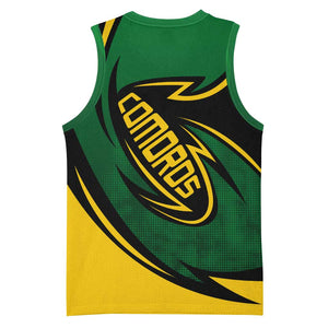 Comoros Basketball Jersey - Green Black Yellow Swirl Design and National Emblem Pattern TS04