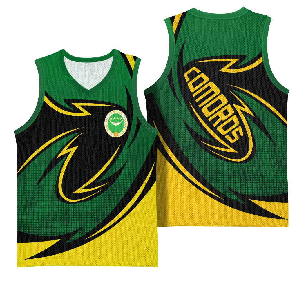 Comoros Basketball Jersey - Green Black Yellow Swirl Design and National Emblem Pattern TS04