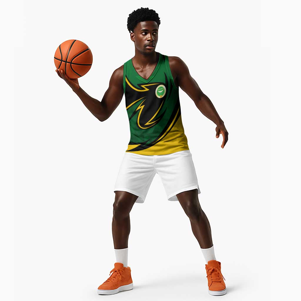 Comoros Basketball Jersey - Green Black Yellow Swirl Design and National Emblem Pattern TS04