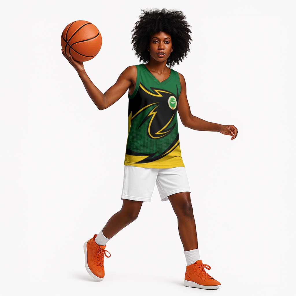 Comoros Basketball Jersey - Green Black Yellow Swirl Design and National Emblem Pattern TS04