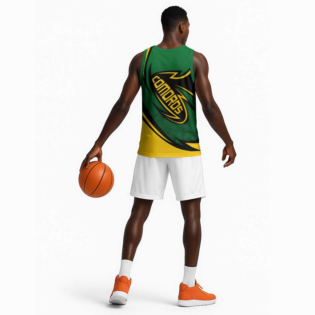 Comoros Basketball Jersey - Green Black Yellow Swirl Design and National Emblem Pattern TS04