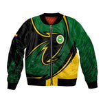 Comoros Bomber Jacket - Green Black Yellow Swirl Design and National Emblem Pattern