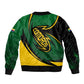 Comoros Bomber Jacket - Green Black Yellow Swirl Design and National Emblem Pattern