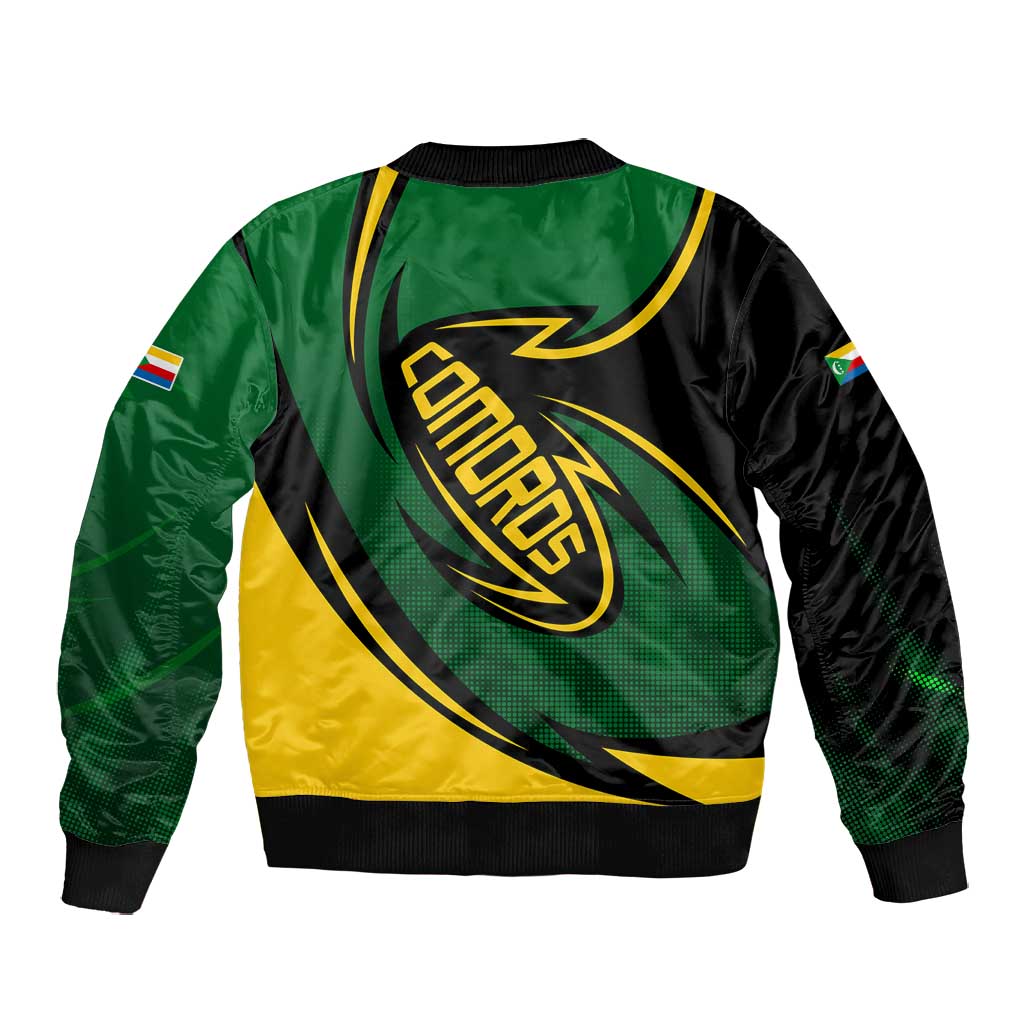 Comoros Bomber Jacket - Green Black Yellow Swirl Design and National Emblem Pattern