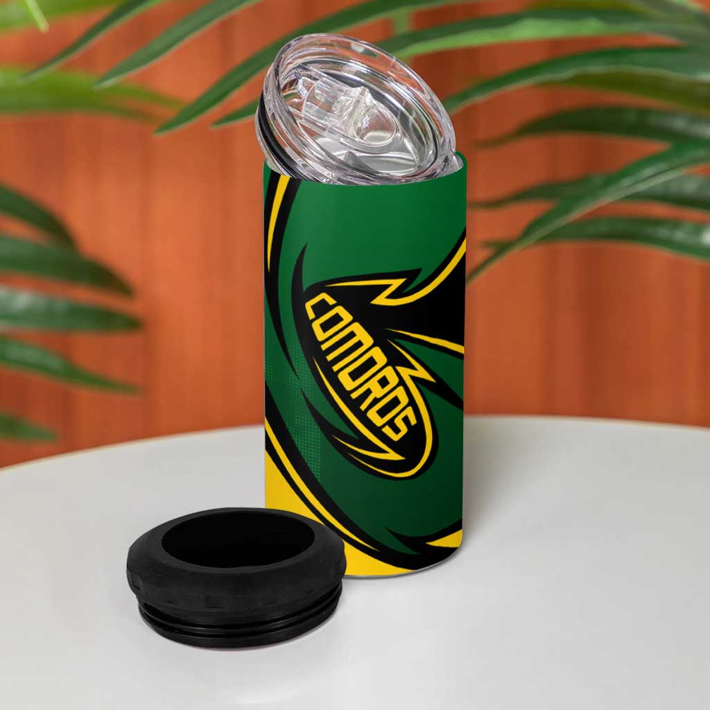 Comoros 4 in 1 Can Cooler Tumbler - Green Black Yellow Swirl Design and National Emblem Pattern