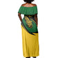 Comoros Off Shoulder Maxi Dress - Green Black Yellow Swirl Design and National Emblem Pattern
