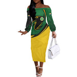 Comoros Off The Shoulder Long Sleeve Dress - Green Black Yellow Swirl Design and National Emblem Pattern